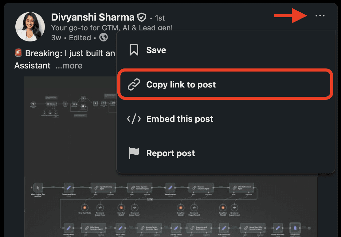 Copying the post URL — LinkedIn's post menu open, with Copy link to post highlighted