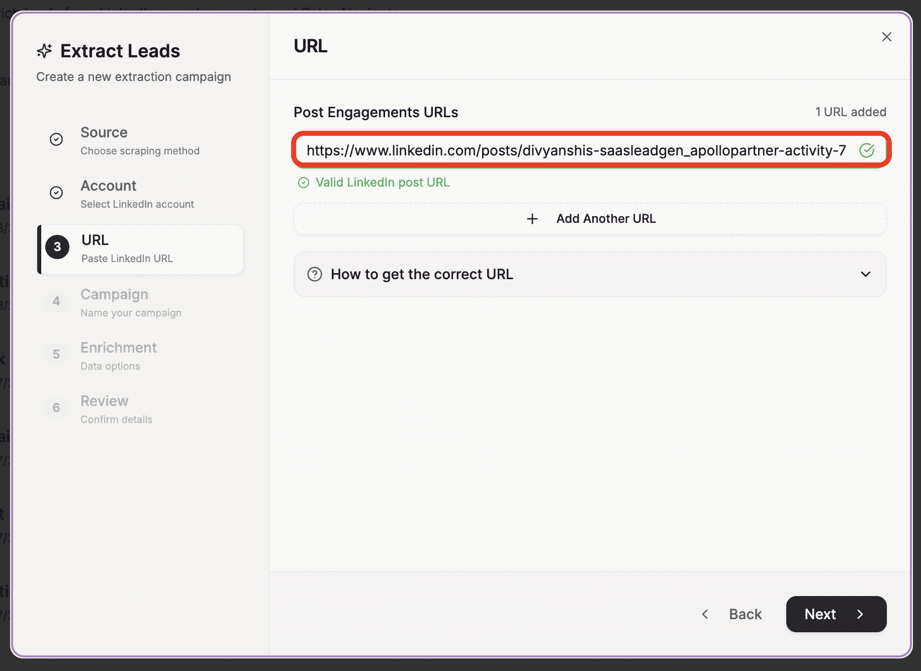 Sendpilot's Extract Leads wizard at the URL step, the copied LinkedIn post URL pasted and marked valid