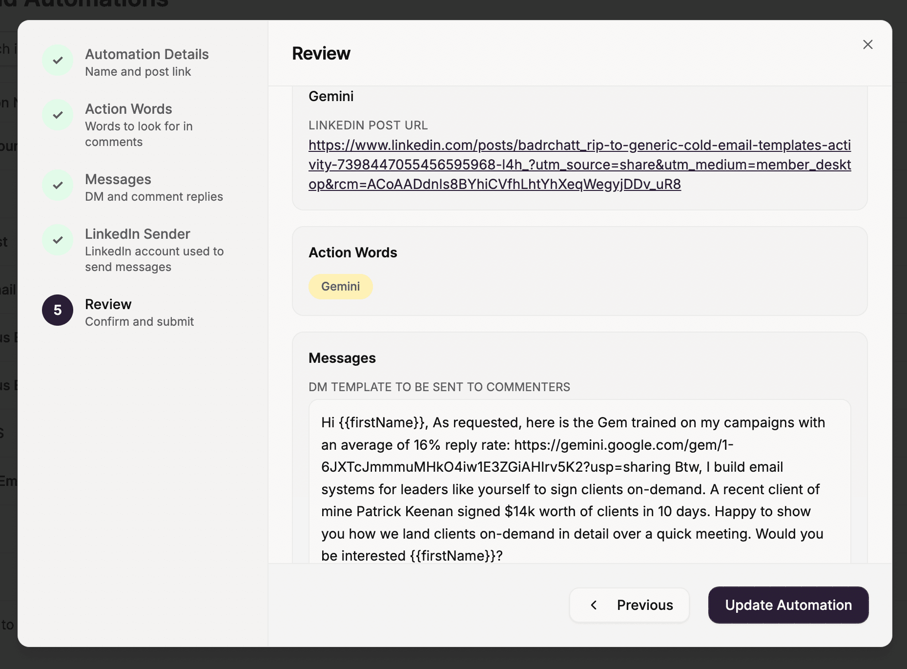 Sendpilot's inbound automation review step: the action word Gemini and the DM template sent to commenters